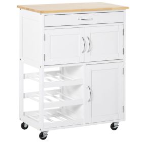 HOMCOM Rolling Kitchen Cart, White, Island with Storage Drawer, 9-Bottle Wine Rack, Door Cabinets, Wooden Countertop
