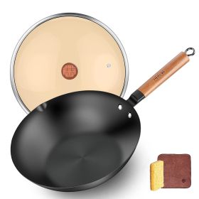 WANGYUANJI 11" Carbon Steel Wok Pan with Wide Flat Bottom, Wok and Stir Fry Pan with Lid, No Chemical Coated Traditional Wok for Induction, Elect
