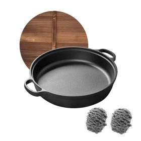 WANGYUANJI 11"Cast Iron Wok with Dual Handles and Wooden Lid, Uncoated Frying Pan for Gas and IH, Chinese Thickened Pancake Pan
