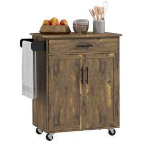 HOMCOM Rolling Kitchen Island Cart, Rustic Brown, with Drawer, Storage Cabinet, and Towel Rack