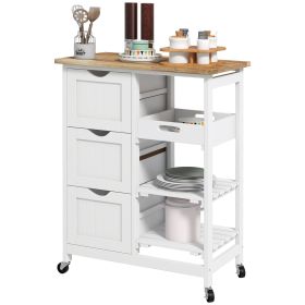 HOMCOM Dining Rolling Kitchen Island, White, with Wood Top, Shelves & Drawers