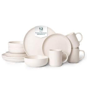12-Piece Stoneware Dinnerware Sets with Mugs | Microwave & Dishwasher Safe | Non-Toxic Dinner Plates Bowls Set | Stackable Matte Glaze Kitchenwar (Main Material: Stone, Main Color: White)
